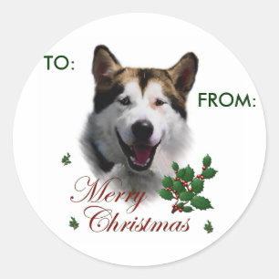 Sticker Rond Alaskan Malamute Cadeaux de Noël