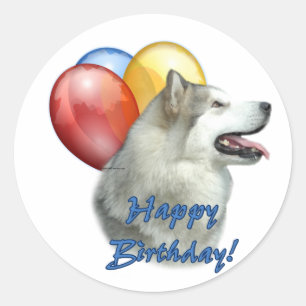 Sticker Rond Alaskan Malamute Joyeux Ballons d'anniversaire