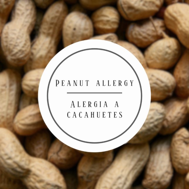 Sticker Rond Alerte d'allergie à l'arachide noire et blanche (Bilingual peanut allergy warning sticker, custom bilingual text multilingual project)