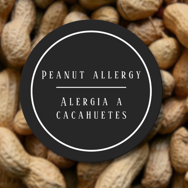 Sticker Rond Alerte d'allergie à l'arachide noire et blanche (Bilingual peanut allergy warning sticker, custom stickers, multilingual Project)