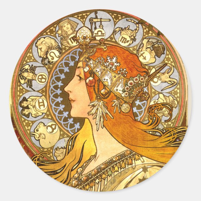 Sticker Rond Alfonse Mucha Zodiac Art nouveau femme (Devant)