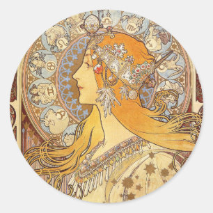 Sticker Rond Alfonse Mucha Zodiac Art nouveau femme