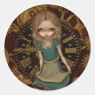 Sticker Rond Alice au pays des merveilles Alice dans l'horloge
