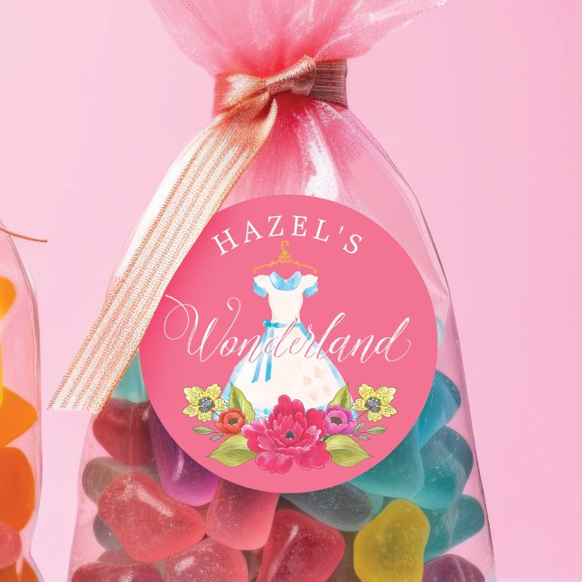 Sticker Rond Alice au pays des merveilles Florales & Robe Bleue (Alice in Wonderland Florals & Blue Dress Birthday Classic Round Sticker)