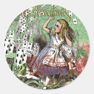 Sticker Rond alice cartes aventure merveilleux chapelier lapin 
