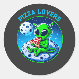 Sticker Rond Alien amoureux de la pizza sur la Lune | Cosmic am
