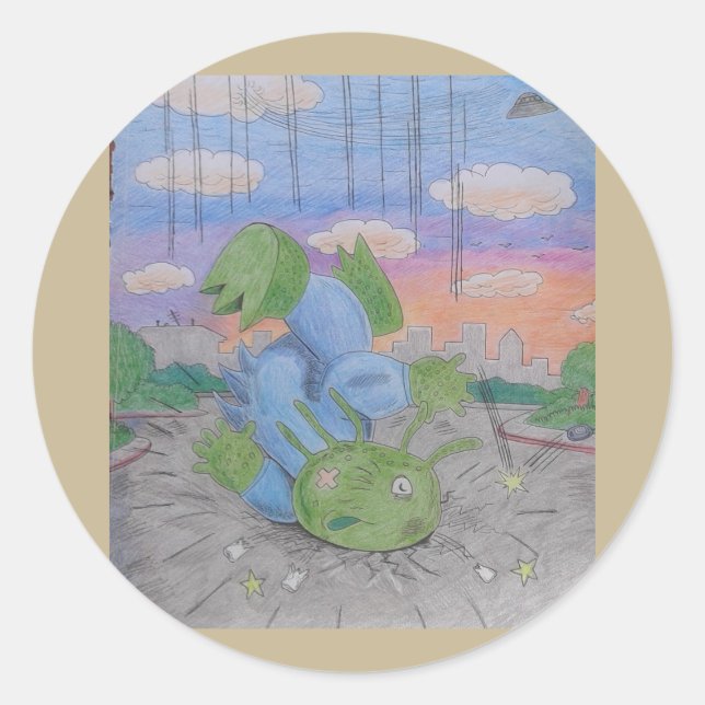 Sticker Rond Alien est tombé d'UFO s'est écrasé soucoupe volant (Devant)