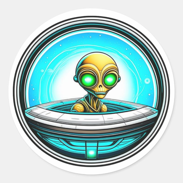 Sticker Rond Alien extra-terrestre volant dans un OVNI (Devant)