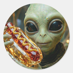 Sticker Rond Alien Extraterrestre avec Hotdog Cristallin