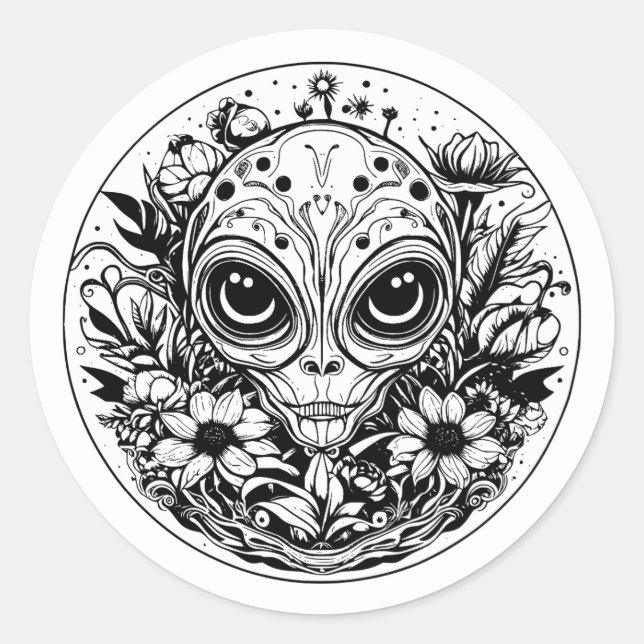 Sticker Rond Alien extraterrestre en Fleurs Noir et Blanc (Devant)