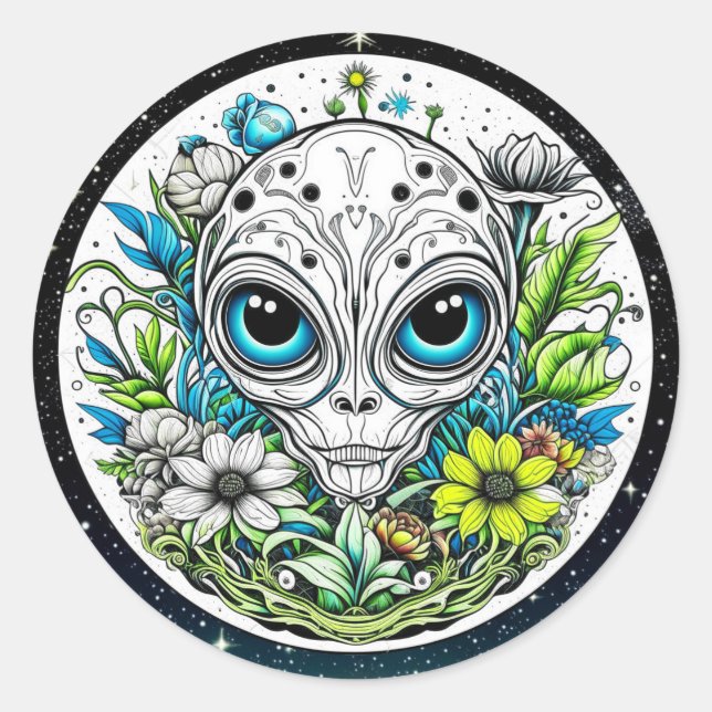 Sticker Rond Alien extraterrestre en Fleurs Starry Night (Devant)