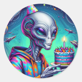 Sticker Rond Alien tenant Birthday Cake
