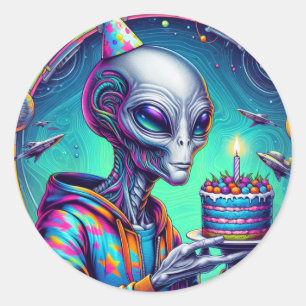 Sticker Rond Alien tenant Birthday Cake