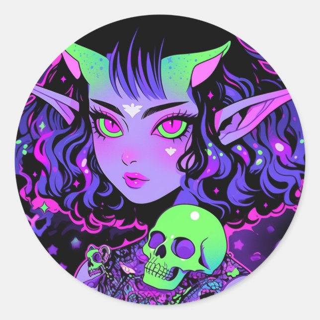Sticker Rond Alien vert et violet Elf Anime Girl (Devant)