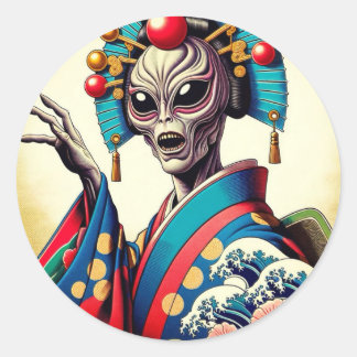 Sticker Rond Alien wearing a Japanese kimono シール