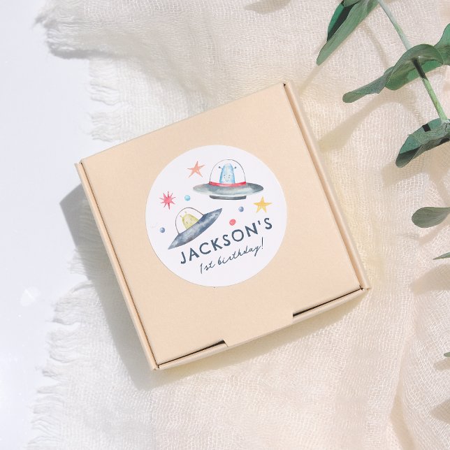 Sticker Rond Aliens de l'espace Planètes & Commence 1ère fête d (Créateur téléchargé)