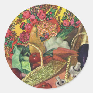 Sticker Rond Aliments Biologiques, Légumes de Jardin, Fleurs en