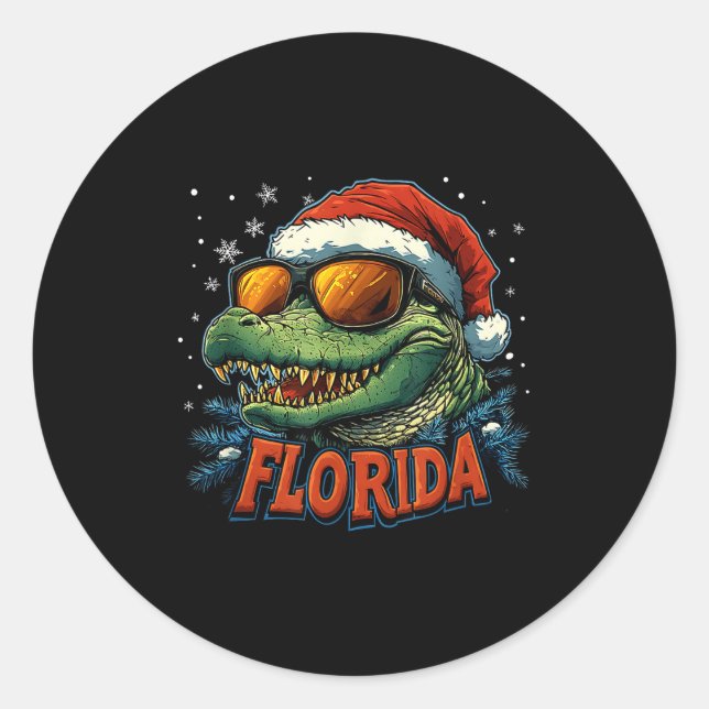 Sticker Rond Alligator Santa Funny Florida Holiday Christmas Xm (Devant)