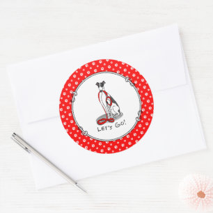 Sticker Rond Allons-y ! (marcher) Chien gris (noir blanc) Drôle