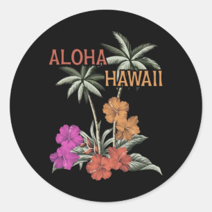 Sticker Rond Aloha Hawaii Luau Hawaiian Hibiscus Fleurs Vacati