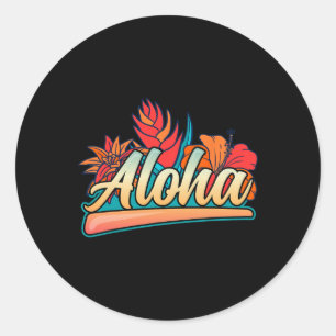 Sticker Rond Aloha Hawaii Vacances Surf Plage Tropical Hibiscus