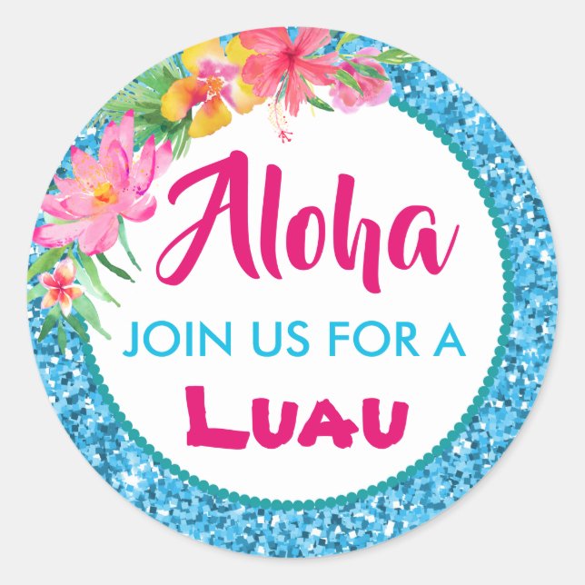 Sticker Rond Aloha Luau Bleu Paillettes Tropical Hibiscus Class (Devant)