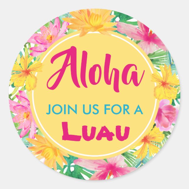 Sticker Rond Aloha Luau Hibiscus Tropical Jaune (Devant)