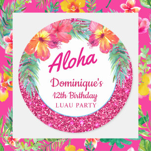 Sticker Rond Aloha Luau Paillettes Roses Tropical Hibiscus