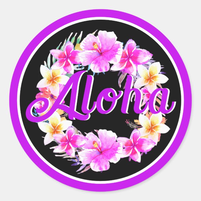 Sticker Rond Aloha Tropical Luau Anniversaire Néon Violet (Devant)