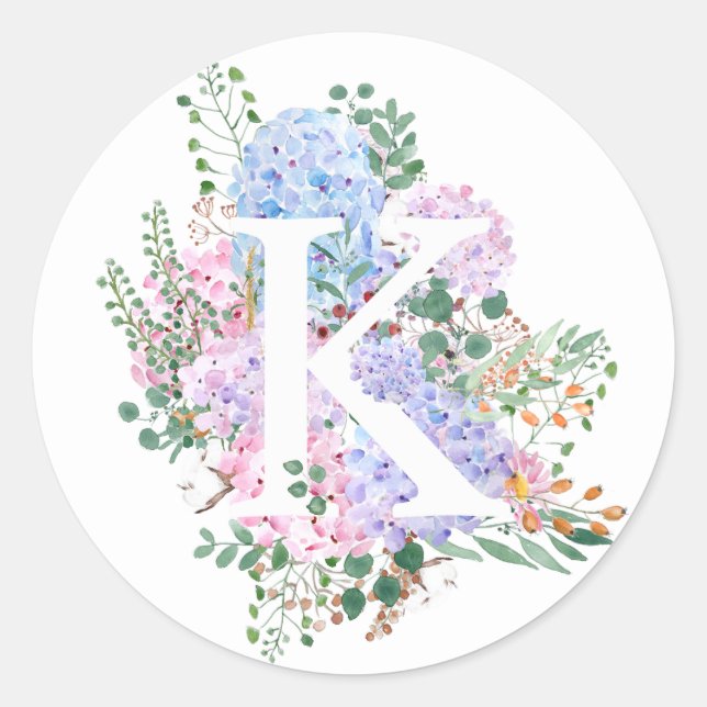Sticker Rond alphabet botanique fleurs K hydrangea (Devant)