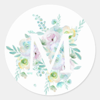 Sticker Rond alphabet botanique M fleurs vertes et violettes