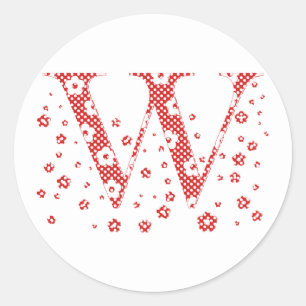 Sticker Rond alphabet fleuri W (rouge et points)