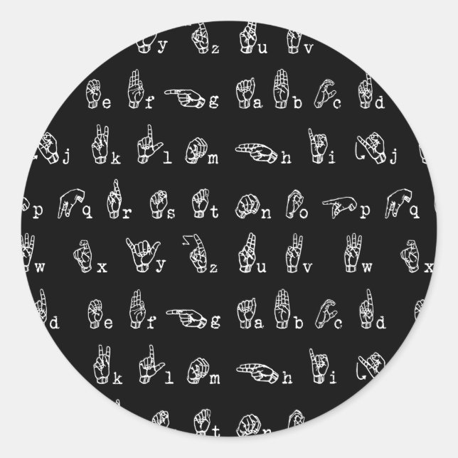 Sticker Rond Alphabet Langue des Signes // Blanc sur Noir // (Devant)