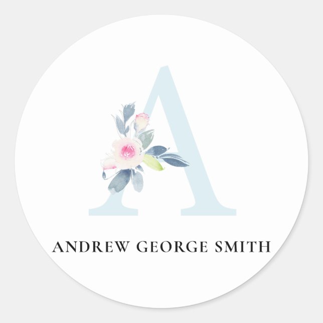 STICKER ROND ALPHABÈTES FLORAUX BLEUS DOUX NOM LETTRE A (Devant)