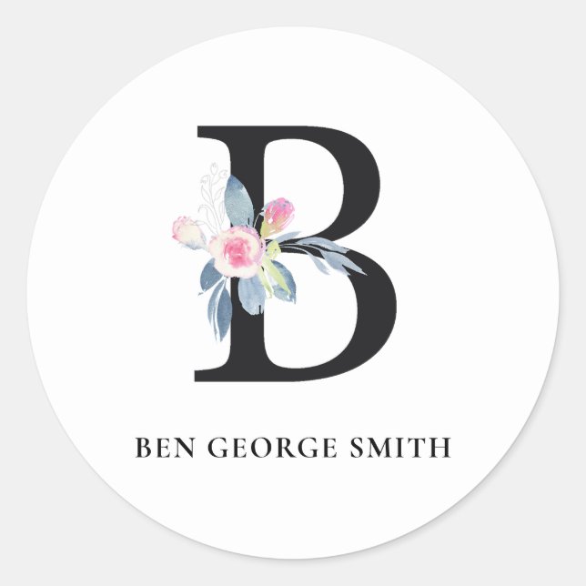 STICKER ROND ALPHABÈTES FLORAUX BLEUS DOUX NOM LETTRE B (Devant)
