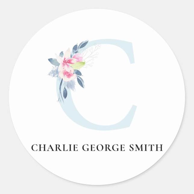 STICKER ROND ALPHABÈTES FLORAUX BLEUS DOUX NOM LETTRE C (Devant)