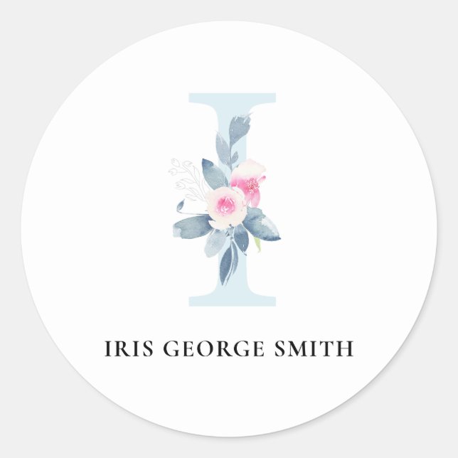 STICKER ROND ALPHABÈTES FLORAUX BLEUS DOUX NOM LETTRE I (Devant)