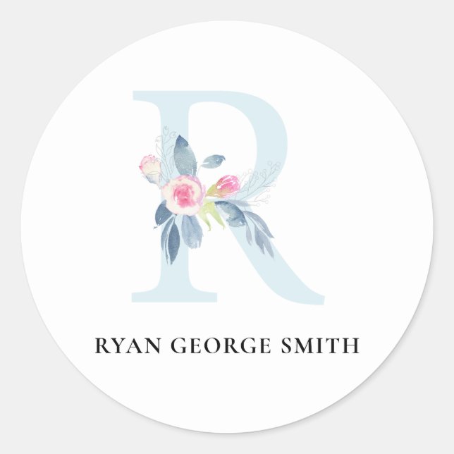 STICKER ROND ALPHABÈTES FLORAUX BLEUS DOUX NOM LETTRE R (Devant)