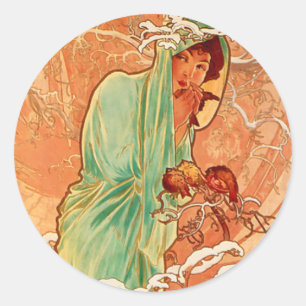 Sticker Rond Alphonse Mucha Art Nouveau Hiver