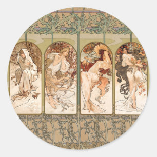 Sticker Rond Alphonse Mucha Quatre Saisons Panneau Art nouveau 