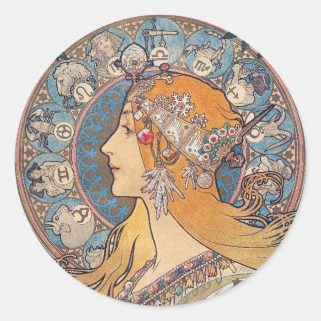 Sticker Rond Alphonse Mucha , “Zodiac” (Devant)