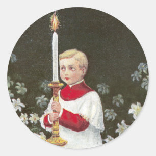 Sticker Rond Alter Garçon Portant Chandelle Vintage Pâques