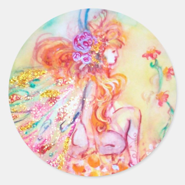 Sticker Rond ALTHEA /Fée Whimsical sur la Fleur Rose (Devant)