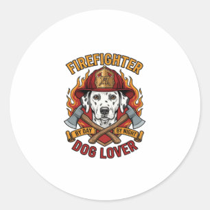 Sticker Rond Amant de chien pompier Dalmatien Casque de pompier