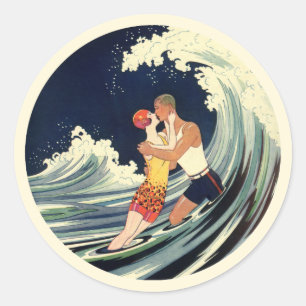 Sticker Rond Amants Art Déco vintage s'embrassant dans les vagu