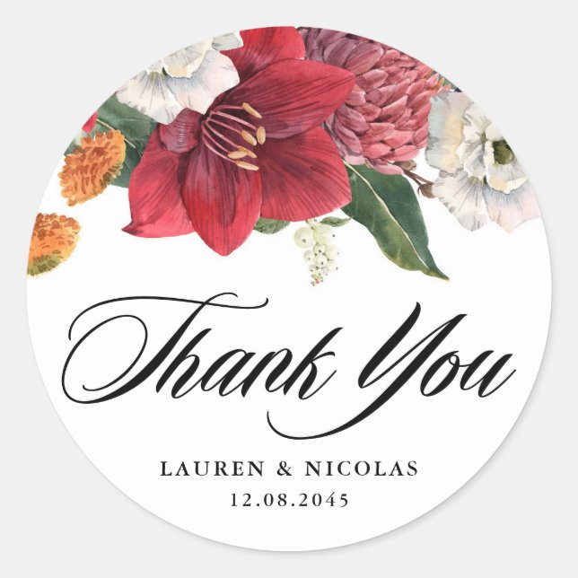 Sticker Rond Amaryllis botanique et mamans Mariage Merci (Devant)