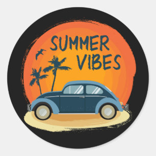 Sticker Rond ambiance été avec voiture rétro sur la plage