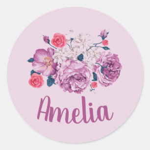 Sticker Rond Amelia Nom Floral Fleur Rose Fille Personnalisé Vi