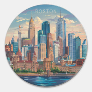 Sticker Rond America Boston City Skyline, Boston Ma Us Skyline