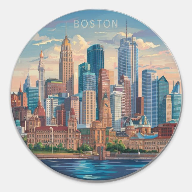 Sticker Rond America Boston City Skyline, Boston Ma Us Skyline (Devant)